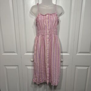 Universal Thread Dress Womens L Petal Pink Striped Smocked Linen Blend Sundress
